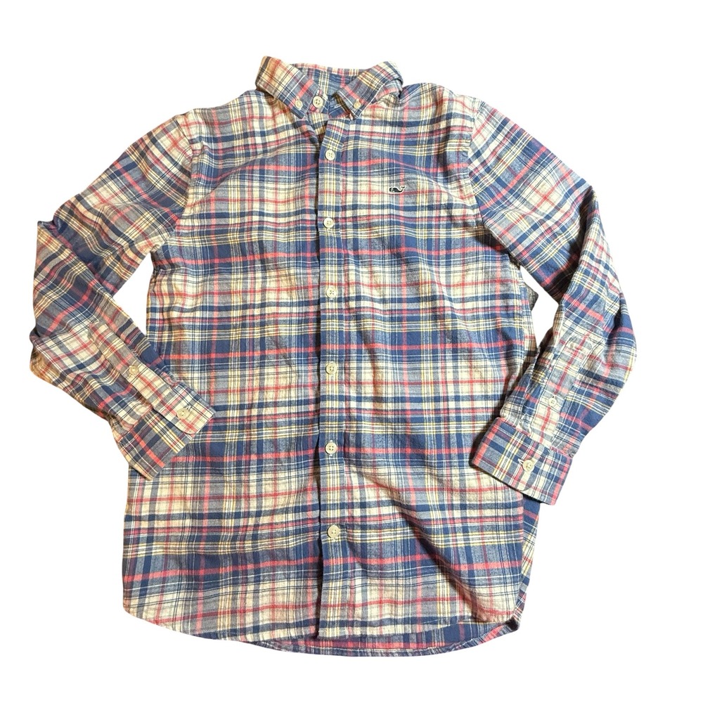 Vineyard Vines Boys Blue Pink Plaid Flannel Button Down Shirt M 12-14 Easter